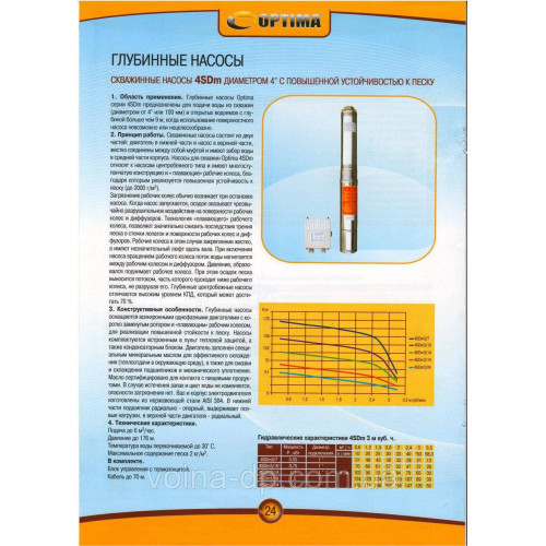 Насос свердловиний з підвищеною стійкістю до піску OPTIMA PM 4QJm4/ 9 0,55 кВт 64м + 1,5 м кабель Насос свердловиний з підвищеною стійкістю до піску OPTIMA PM 4QJm4/ 9 0,55 кВт 64м + 1,5 м кабель