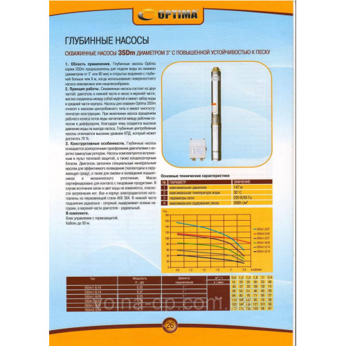 Насос свердловинний з підв, стійк, до піску 3″ OPTIMA 3SDm1,8/27 0,75 кВт 115м +пульт+кабель 55м NEW