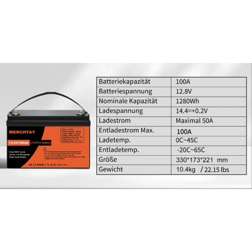 Акумулятор 12V LiFePO4 WERCHTAY 100 А·год з Bluetooth (BMS) 100 А 1280 Вт·год