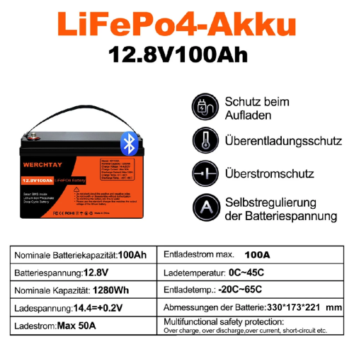 Акумулятор 12V LiFePO4 WERCHTAY 100 А·год з Bluetooth (BMS) 100 А 1280 Вт·год