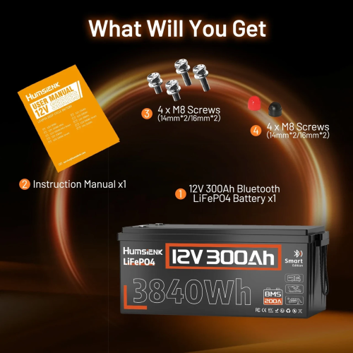 Аккумулятор Humsienk 12V LiFePO4  300 Ач с Bluetooth, система управления батареей (BMS) 200 А