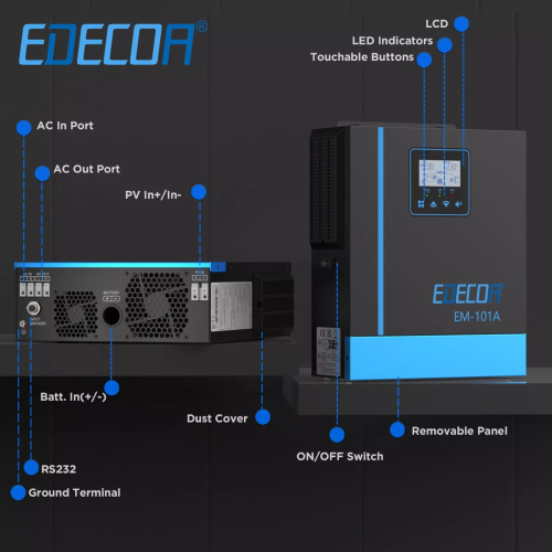 Інвертор EDECOA Hybrid 1000 Вт 12 В для сонячних батарей, 20-150 В MPPT, 40 А, ДБЖ