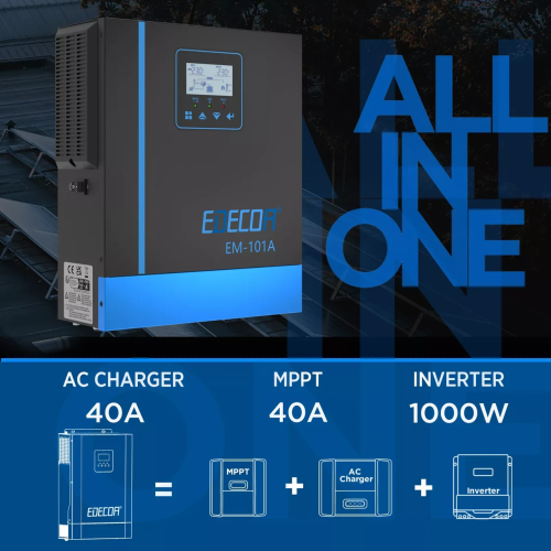 Інвертор EDECOA Hybrid 1000 Вт 12 В для сонячних батарей, 20-150 В MPPT, 40 А, ДБЖ