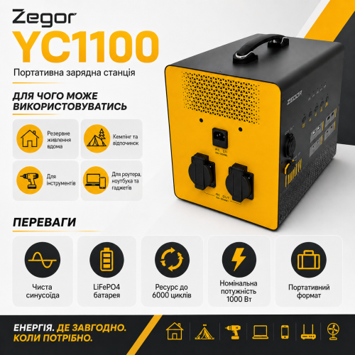 Зарядна портативна станція Zegor LiFePO4 YC1100 від BYD -1000 Вт Зарядна портативна станція Zegor LiFePO4 YC1100 від BYD -1000 Вт