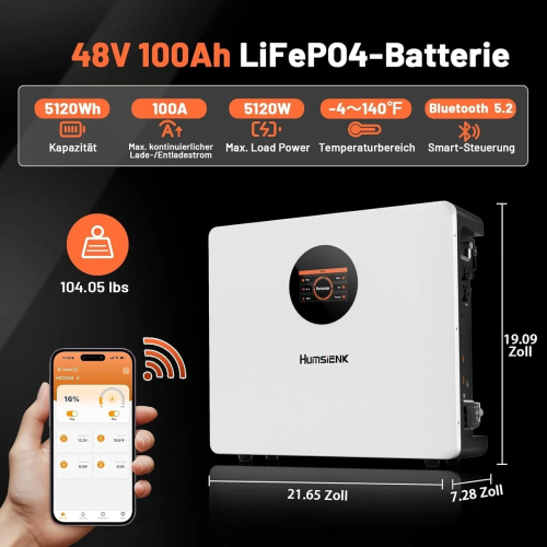 Настенная литиевая батарея Humsienk LiFePO4 (51,2 В / 48 В, 100 Ач) с Bluetooth Настенная литиевая батарея Humsienk LiFePO4 (51,2 В / 48 В, 100 Ач) с Bluetooth