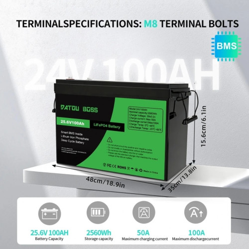 Акумулятор DATOUBOSS 24V 100Ah LiFePO4 с BMS 100A 2560Wh з глибоким циклом зарядки/розрядки BMS 100A Акумулятор DATOUBOSS 24V 100Ah LiFePO4 с BMS 100A 2560Wh з глибоким циклом зарядки/розрядки BMS 100A