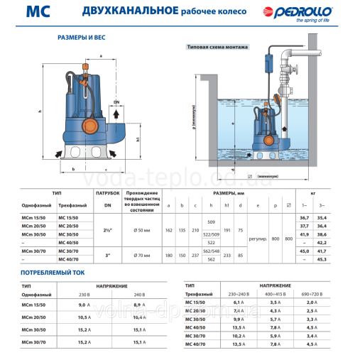 Фекальний насос PEDROLLO MCm 20/50 Фекальний насос PEDROLLO MCm 20/50