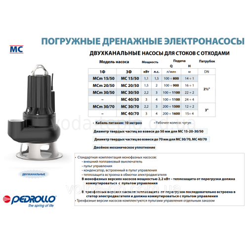 Фекальний насос PEDROLLO MCm 20/50 Фекальний насос PEDROLLO MCm 20/50